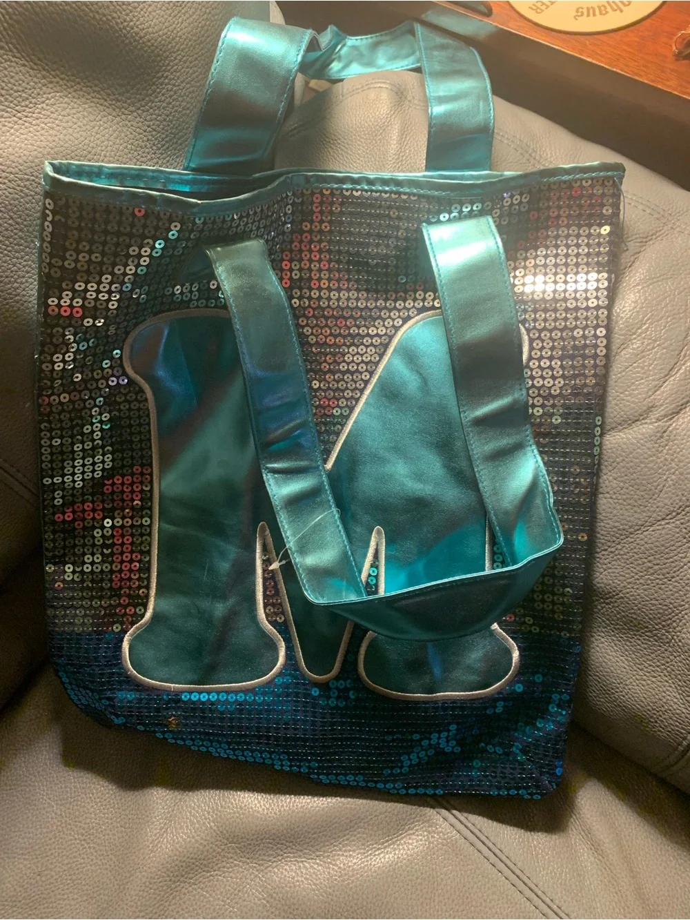 Justice bright blue blinged M tote!